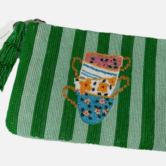 Anthropologie Fiona Beaded Tea Cups Green Blue White Pouch Clutch New NWT - Picture 1 of 2